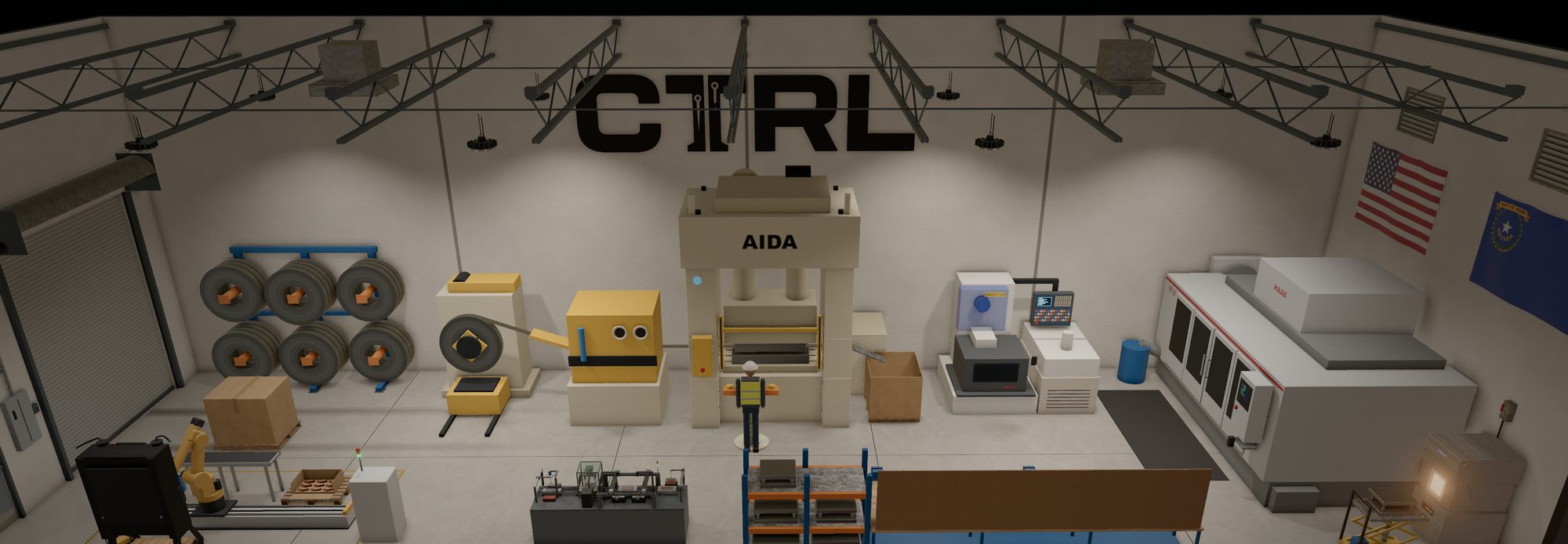 Cutaway render of a CTRL factory: coil stock, a stamping press, CNC machining centers, a robotic cell and a heat-treat furnace.